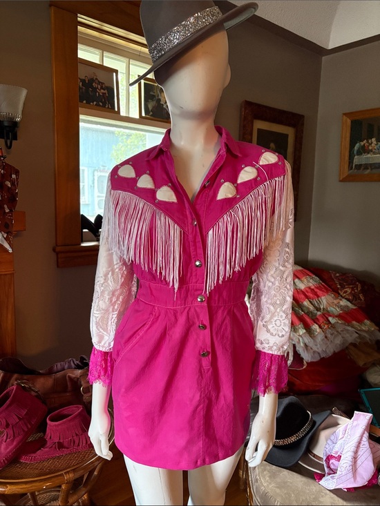 Vintage upcycled Dresses & Skirts - # 120  Up cycled Fringe Button-Front Shirt Dress with Lace Sleeves